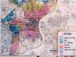 fair housing: a map showing redlined areas of a city