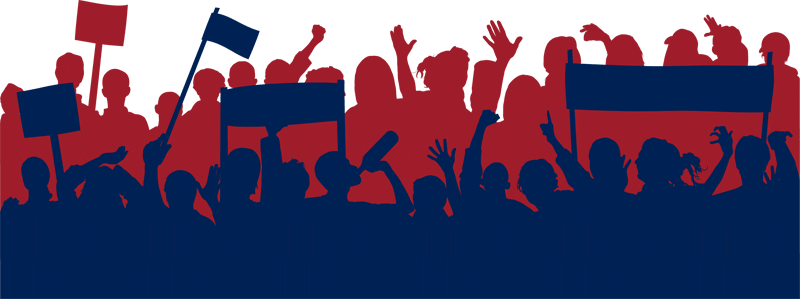 image is silhouettes in red and blue of people waving arms and holding up banners and flags, to accompany article on grassroots recommendations for the next occupant of the Oval Office.