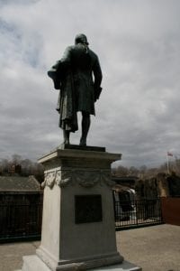 A statue of Alexander Hamilton stands near Paterson's Great Falls