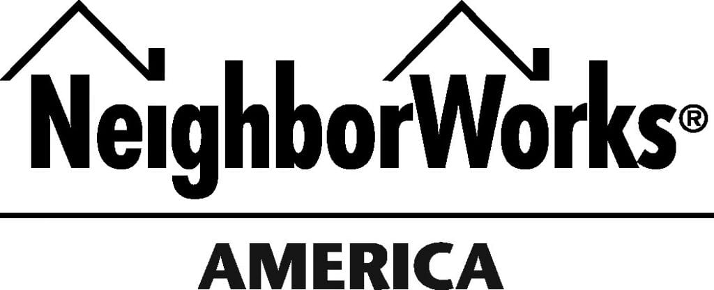 The logo of NeighborWorks America, which is commenting on the stimulus bill in the article. In black lettering on white, the letters N in neighbor and W in works have carets drawn over them to resemble pitched roofs. The word "America" is on the line below. 