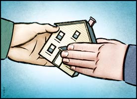 responsible homeownership policy: stock drawing of house being passed from one hand to another
