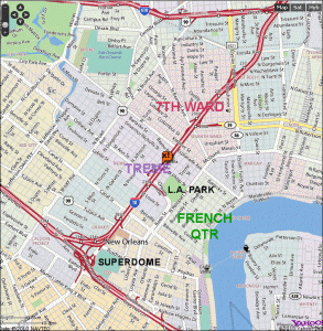 map showing Treme neighborhood of NOLA