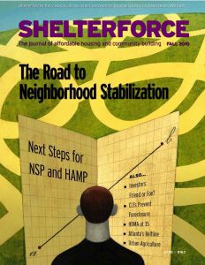 The cover of Shelterforce issue 163 is a back view of a man looking at a graph titled "Next Steps for NSP and HAMP."