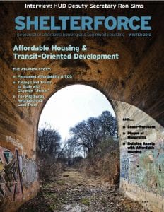 Photo shows the cover of Shelterforce issue #164, which covered transit-oriented development and affordable transportation