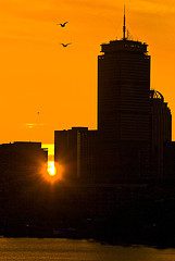 Boston skyline at sunset. CDC