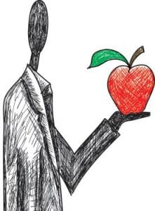 impact investing: illustration shows stylized image of man holding an apple