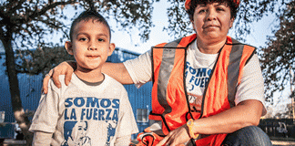 Female construction worker and her son.
