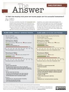 Did the housing crisis prove that low-income people can't be successful homeowners? No! Infographic follows showing delinquency and foreclosure rates for two at-scale low-income homeownership lending programs, which are below the general population. Image links to pdf version.