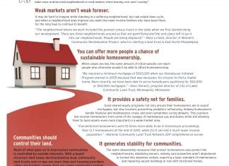 A drawing of a house with a red roof and a red path leading from door is accompanied by text explaining reasons why shared-equity homeownership makes sense in weak-market areas. Image links to pdf version.