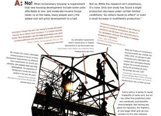 One-pager starts with Do inclusionary zoning requirements halt development? No! After a paragraph citing the research, there is an image of people back-lit on construction scaffolding, surrounded by quotes from public officials about how inclusionary measures have been good for their housing market. Image links to pdf version.
