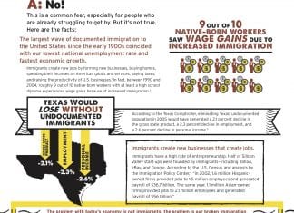 One pager begins with Q: Do Immigrants “Take Our Jobs”? A: No! This is a common fear, especially for people who are already struggling to get by. But it’s not true. Then it provides references to studies showing economic benefits to immigration. Image links to a pdf version.