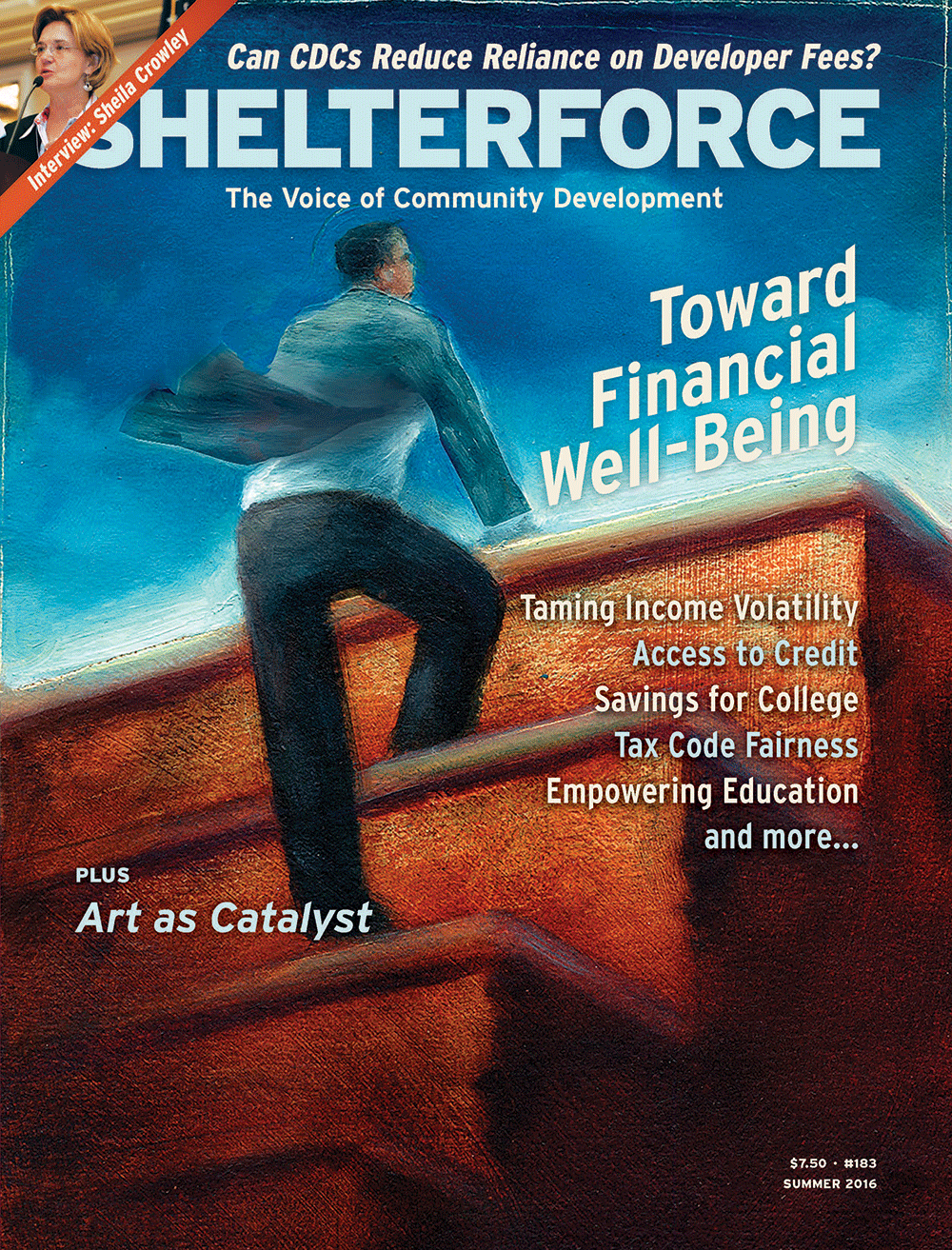 The summer 2016 cover of Shelterforce magazine, an illustration of a man climbing up orange colored stairs.