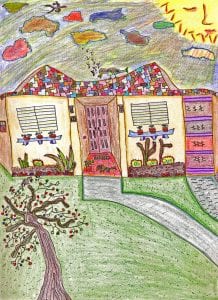 A Childlike drawing of a yellow house with a multicolored roof, cactuses in front, and a tree with Christmas lights in front.