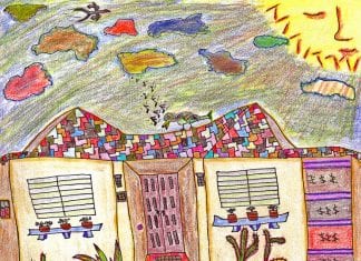A Childlike drawing of a yellow house with a multicolored roof, cactuses in front, and a tree with Christmas lights in front.