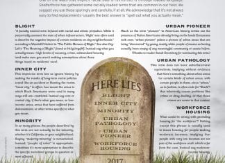 An illustration of a headshot that has racially loaded terms enscribed on it. Surrounding the tombstone are reasons why these terms should not be used.
