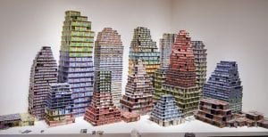 Buildings composed of lottery tickets.