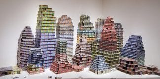Buildings composed of lottery tickets.
