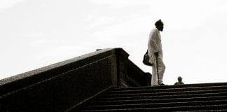 Man with a cane stands at the top of set of stairs in a park .