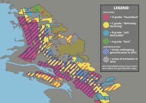 Map of Oakland highlighting redlining and gentrification.