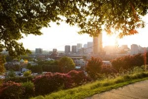 The view of downtown Richmond, Virginia, as seen from Jefferson Park.