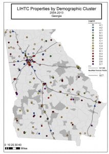 Low Income House Tax Credit properties by demographic cluster in Georgia from 2004 to 2013.