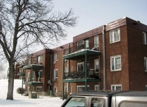 The exterior of the three-floor Rolling Hills Apartments in St. Paul, Minnesota.