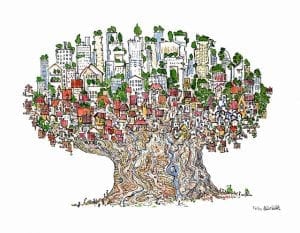 drawing of homes in a tree