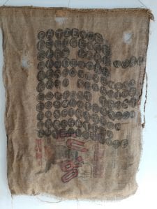 burlap with screenprinted words