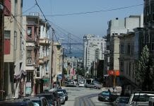 A San Francisco neighborhood with the Oakland Bay Bridge in the center.