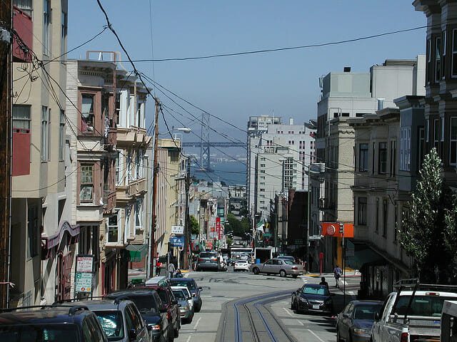 A San Francisco neighborhood with the Oakland Bay Bridge in the center.