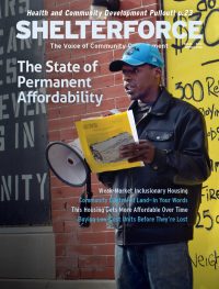 The front cover of the Spring 2018 edition of Shelterforce magazine. It shows an African-American man speaking through a bullhorn. The theme is "The State of Permanent Affordability."