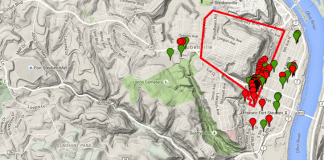 The polygon outline is the residential census tract for the participants’ housing project community, represented by the single black marker. Green markers represent places participants identified as positive, healthy, and good, while red markers represent places identified as negative, unhealthy, and bad.