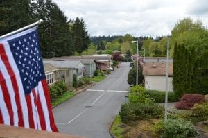 A view of a community in Oregon, with an American flag framing the left hand side. Lots of trees in the area.