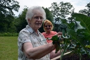 Two white women tend to a community garden in Maine.