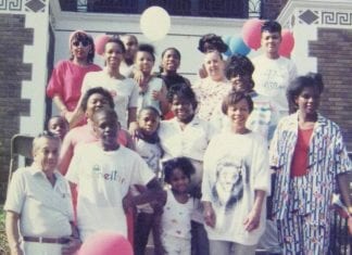 Members of a limited-equity housing cooperative in D.C. gather on the front steps in the late 1980s/early 1990s.