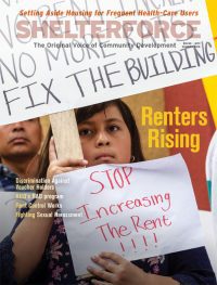 Shelterforce cover for issue 191 focusing on renters rising. Articles focus on rent regulations, discrimination against voucher holders, rent control, and more.