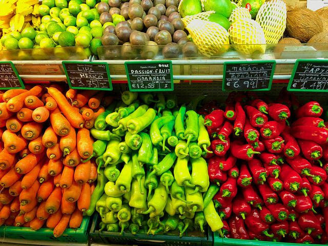 Nutritious fruits and vegetables at a supermarket.