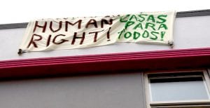 A sign that reads "Housing is a human right." Housing advocates must notice how the affordable housing crisis is on the lips of the media and the general public.