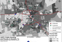 A map that shows public housing and poverty levels in Houston, Texas.