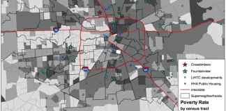 A map that shows public housing and poverty levels in Houston, Texas.
