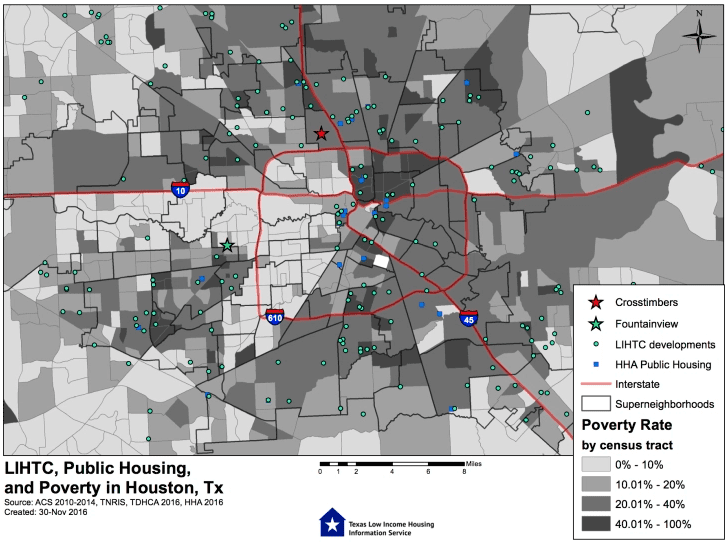 A map that shows public housing and poverty levels in Houston, Texas.