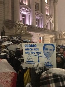 Housing Justice for All rally on Nov. 15, 2018.  Housing advocates who are fighting for universal rent control in New York can learn a lot from the defeat of Prop 10 in California.