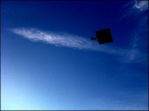 A graduation cap flying in the air.