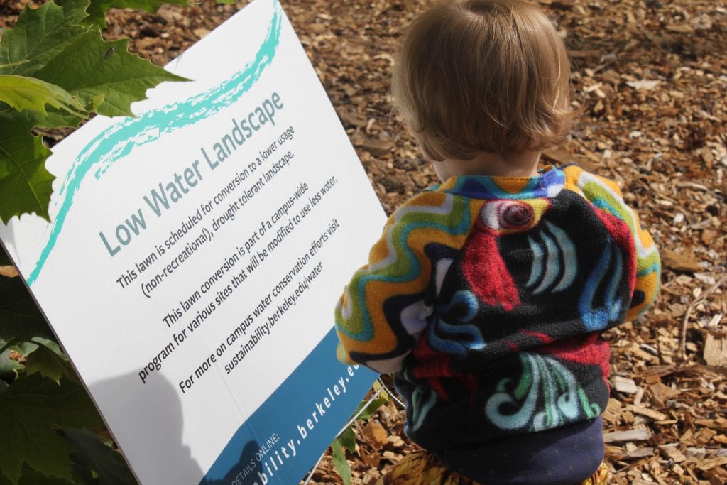 A child stands in front of a sign that reads "Low Water Landscape." Photo by 100 Resilient Cities