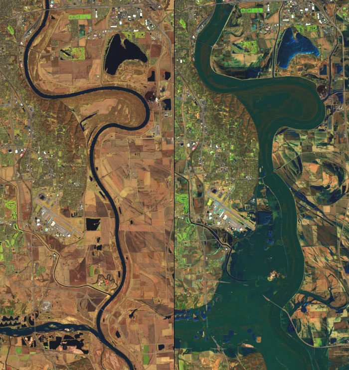 A false-color image that underscores the extent of the flooding on the Platte, Missouri, and Elkhorn rivers. For comparison, the image on the left shows the same area in March 2018.