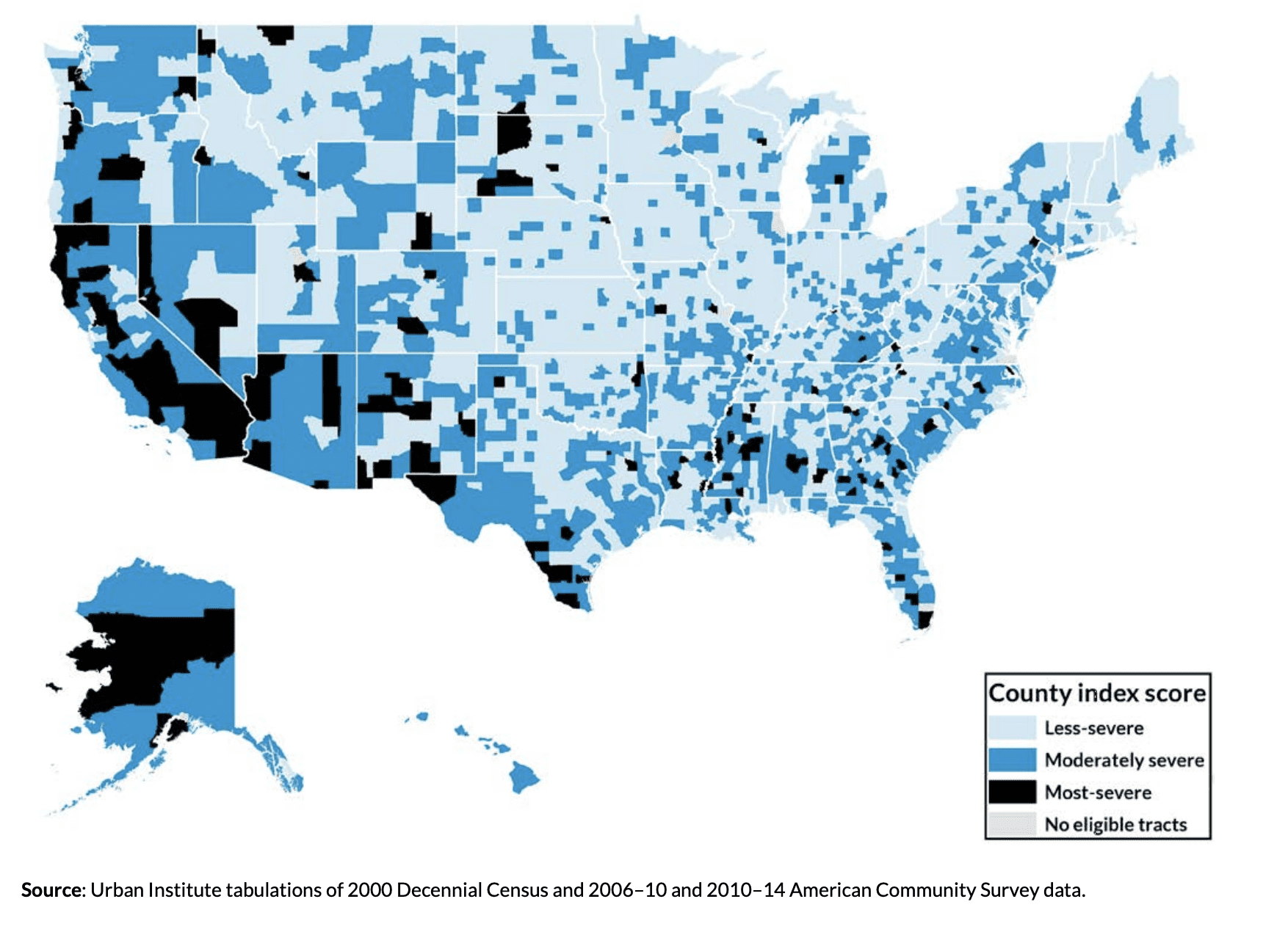 A map of that shows the need, by county, for affordable rural rental housing within USDA-eligible rural census tracts.