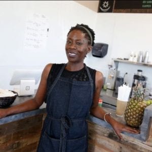 woman in denim smock