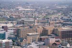 An aerial shot of St. Joseph's Hospital in Paterson, New Jersey.