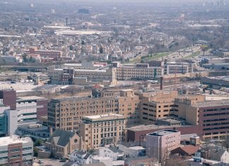 An aerial shot of St. Joseph's Hospital in Paterson, New Jersey.