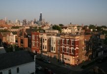 View of a Chicago neighborhood and the city skyline